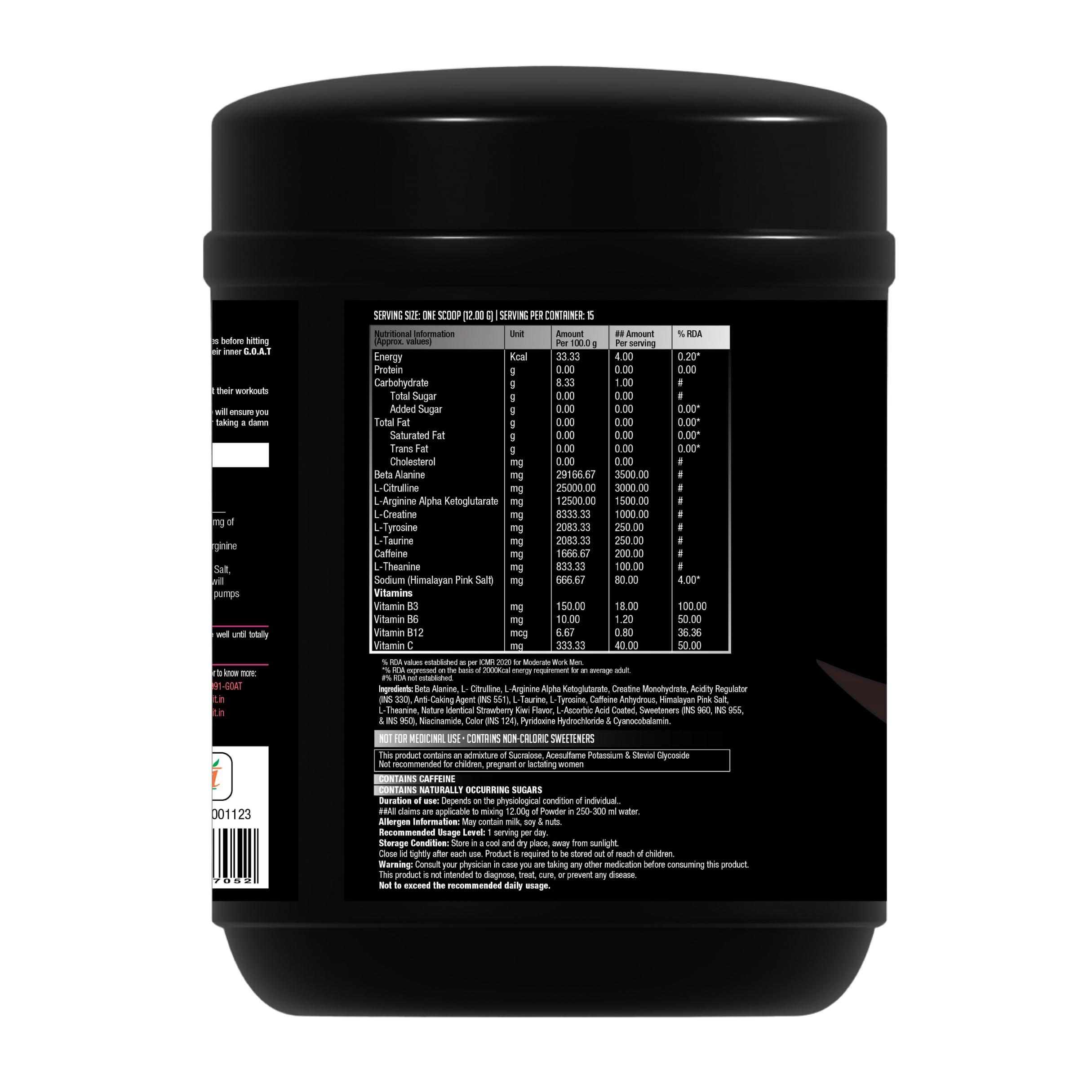 G.O.A.T Fit G.O.A.T Fit Colossal Pre | PreWorkout Powder (Strawberry Kiwi 180gm 15 Servings) 200mg Caffeine 3.5g Beta-Alanine 3g Citrulline 1.5g Arginine 1g Creatine with Himalayan Pink Salt