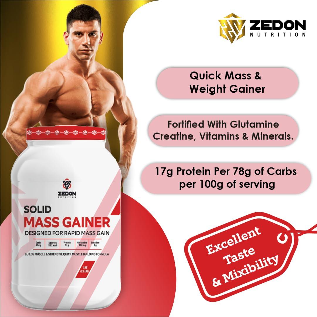 Zedon Nutrition Zedon Nutrition Solid Mass Gainer Whey Protein Powder, Whey Isolate & Concentrate 51g Protein, (Chocolate, 1 KG)