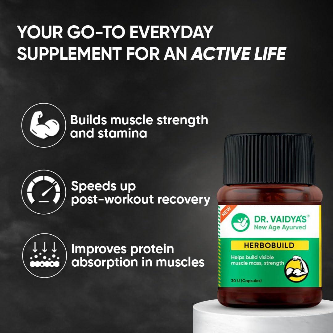 Dr. Vaidya's Dr. Vaidya\'s Herbobuild Capsules | Ayurvedic Muscle & Mass Gainer For Enhanced Stamina & Peak Fitness | (30 Capsules Each) Pack of 4