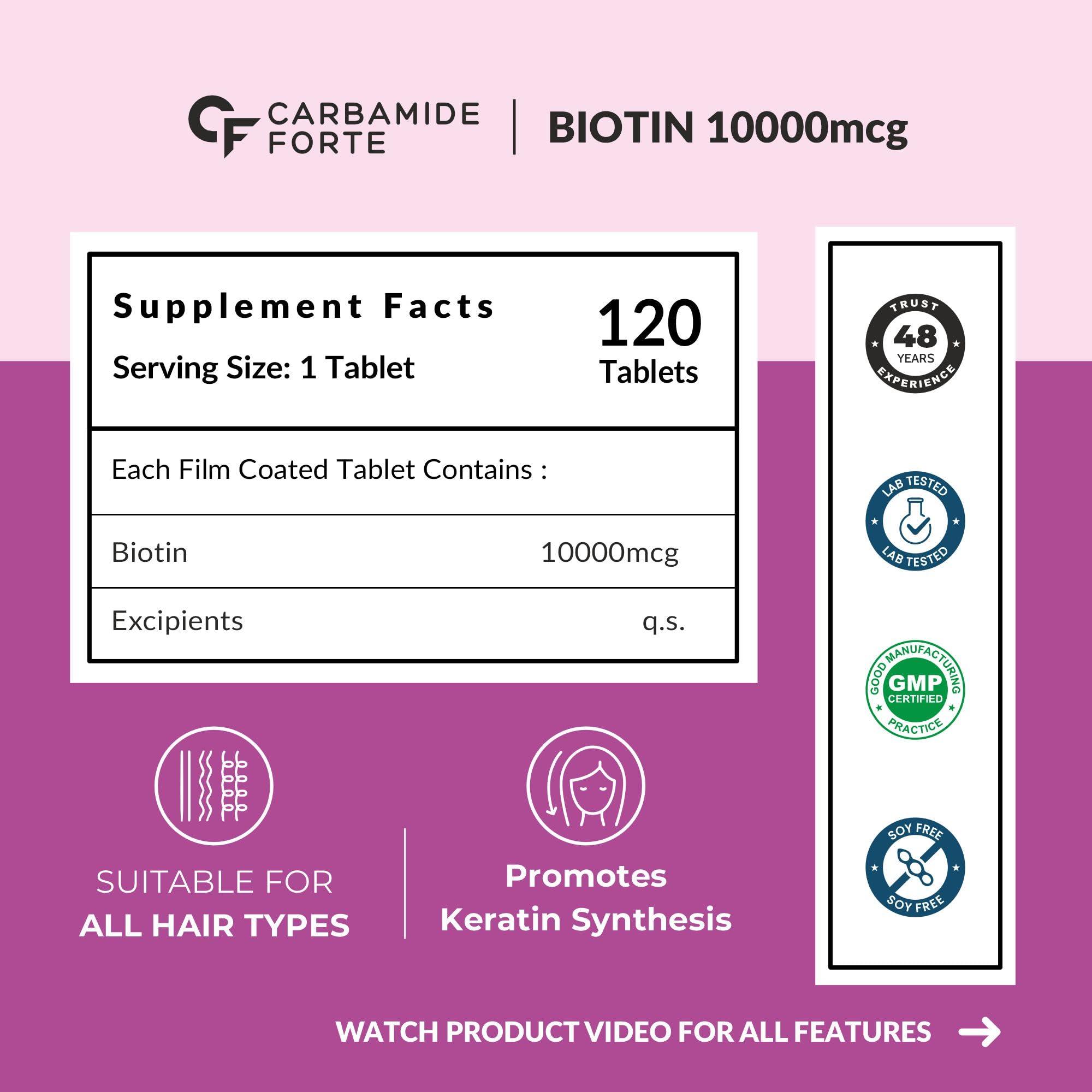 Carbamide Forte Carbamide Forte Biotin 10000mcg | Biotin Tablets for Hair Growth | Biotin Supplement for hair, skin, and nails | Hair Vitamins for Men & Women | 120 Tablets
