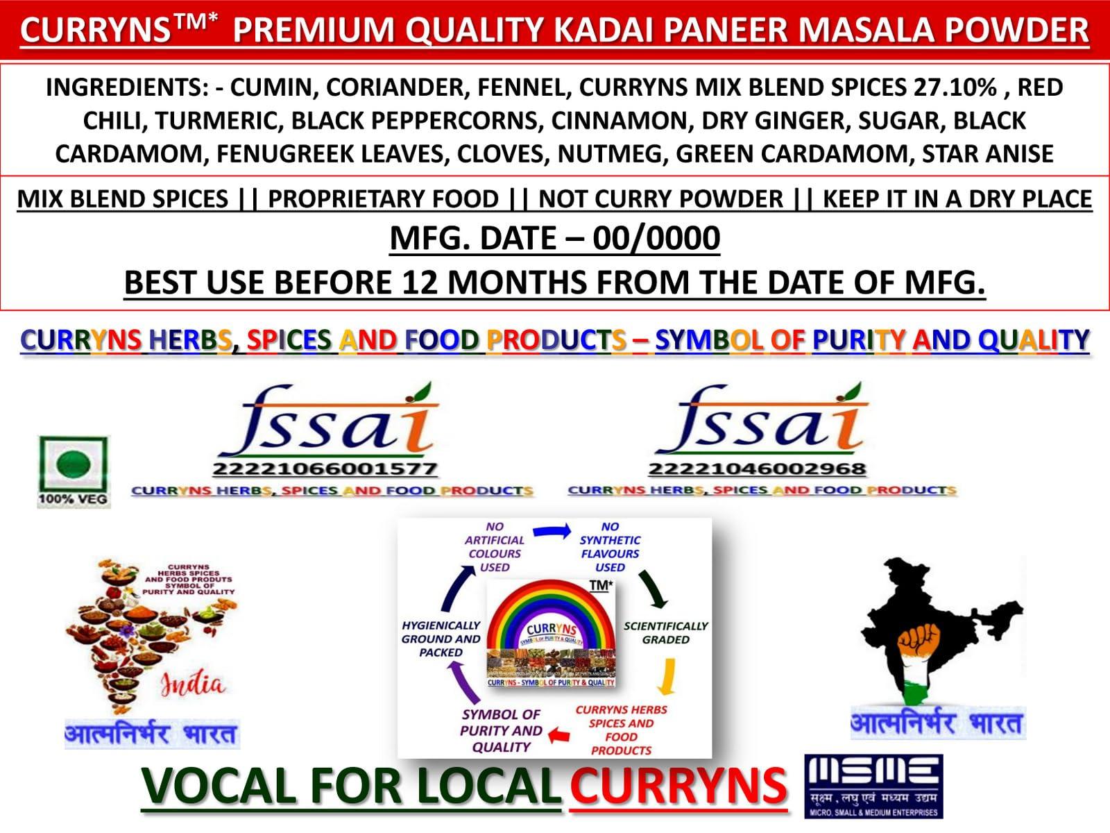 CURRYNS CURRYNS Kadai Paneer Masala Powder | Spices Masala With Natural Oils | Ready Masala For Healthy Delicious & Cooking(100 gm)