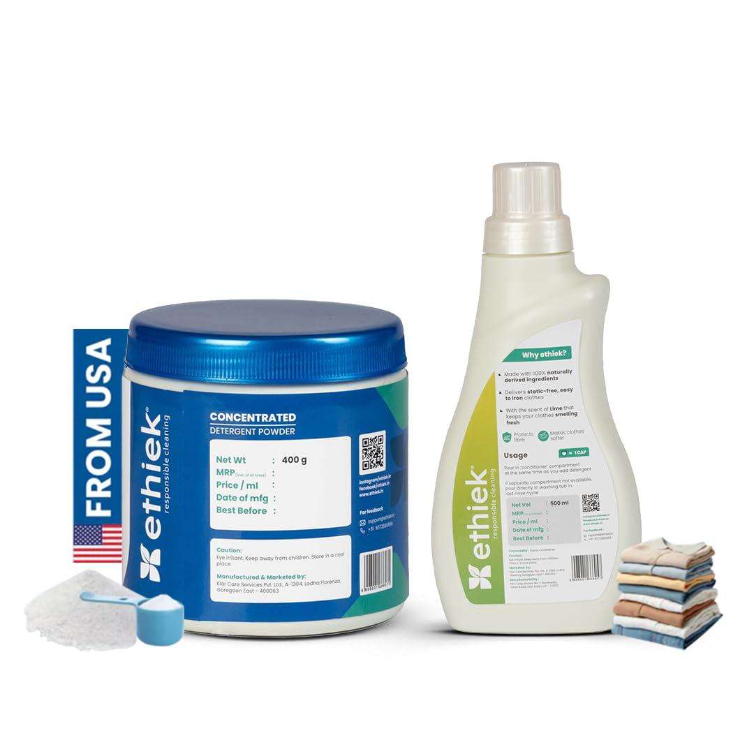 ETHIEK Ethiek Concentrated Detergent Powder (400g) & Fabric Conditioner (0.5L), Natural & Organic Detergent with 3X Power for Tough Stains and After Wash Fabric Softener, For Top & Front Load Machine - Combo