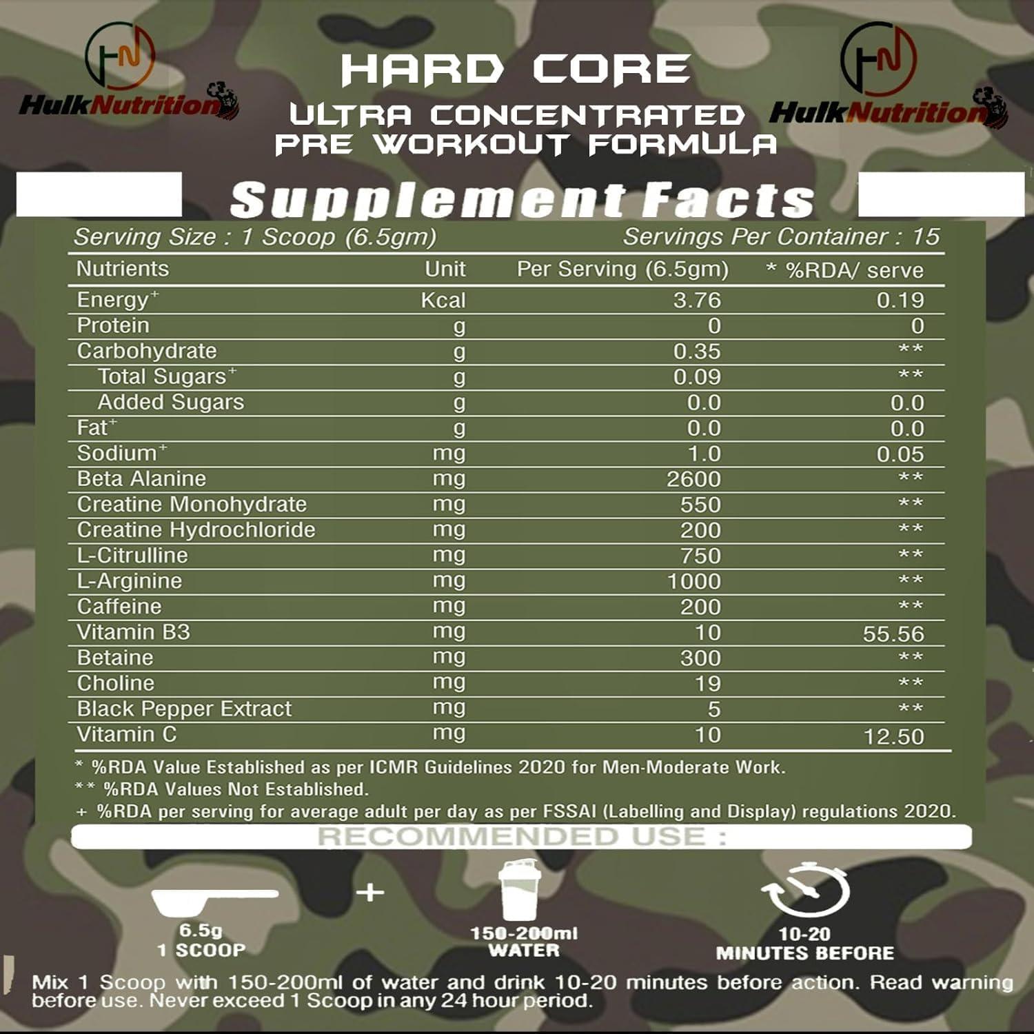 HulkNutrition Hulk Nutrition Hardcore Pre-Workout Supplement, Energy Drink with Creatine Monohydrate, Arginine AAKG, Beta-Alanine, Explosive Muscle Pump, Caffeinated Punch - For Men & Women [15 Servings, Mix Berries] Free Gallon Shaker Bottle