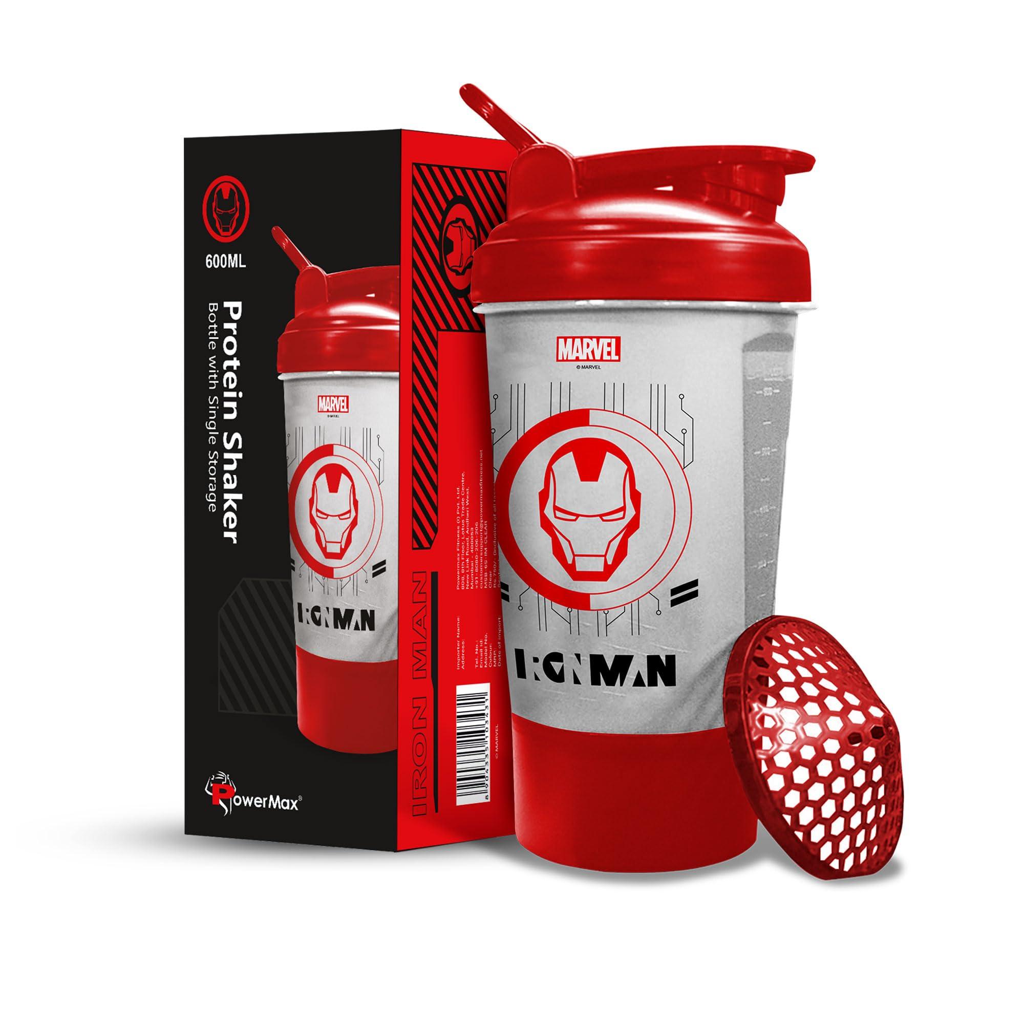 PowerMax Fitness Powermax Fitness X Marvel Msb-6S Iron Man Marvel Edition Shaker Bottle 600Ml, 100% Leakproof Guarantee Sipper Bottle Ideal For Protein, Pre-Workout And Bcaas, Bpa Free Material, Plastic (Clear)