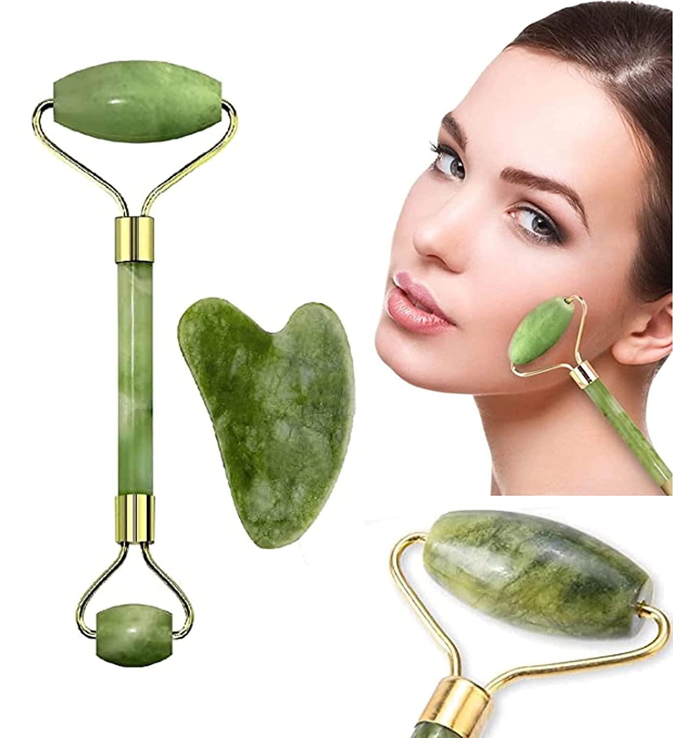 Jamon Jamon Jade Roller & Gua Sha Manual Massage Set, Anti-Aging Natural Jade Face Roller Set - Face Eye Neck Beauty Roller for Slimming & Firming - Rejuvenate Skin & Remove Wrinkles (Green)