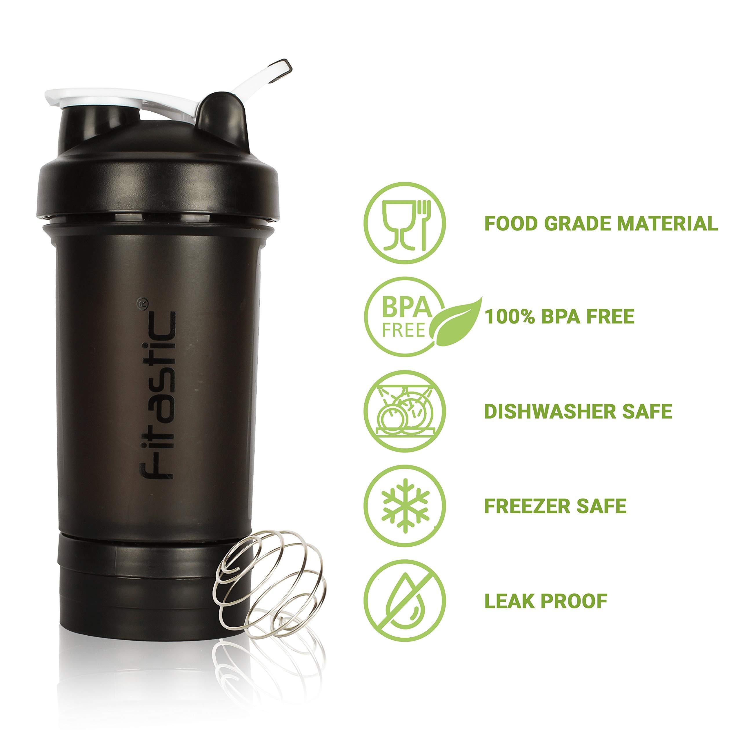 FITASTIC Fitastic ProMax Shaker Bottle 500ml with Extra Storage Compartment 100% Leakproof Guarantee, Ideal for Protein for Gym(Pack of 1, Black, Plastic)