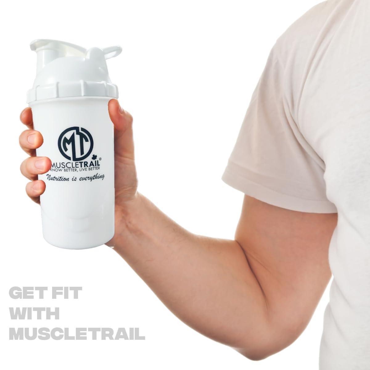MUSCLETRAIL MUSCLETRAIL Muscle Trail Gym Shaker Bottle - 600ml Leakproof Protein Shaker/Sipper for whey Protein, Pre-Workout, BCAA & Water - BPA Free Plastic, Pack of 1 (White)