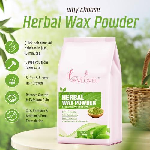VLOVEU VLOVEU - Herbal Wax Powder for Hair Removal - 120g | 5 Minutes Painless Facial Hair Removal Powder for Women | Natural Face Hair Remover, Bikini, Legs, And Underarms Wax Powder - Pack of 1