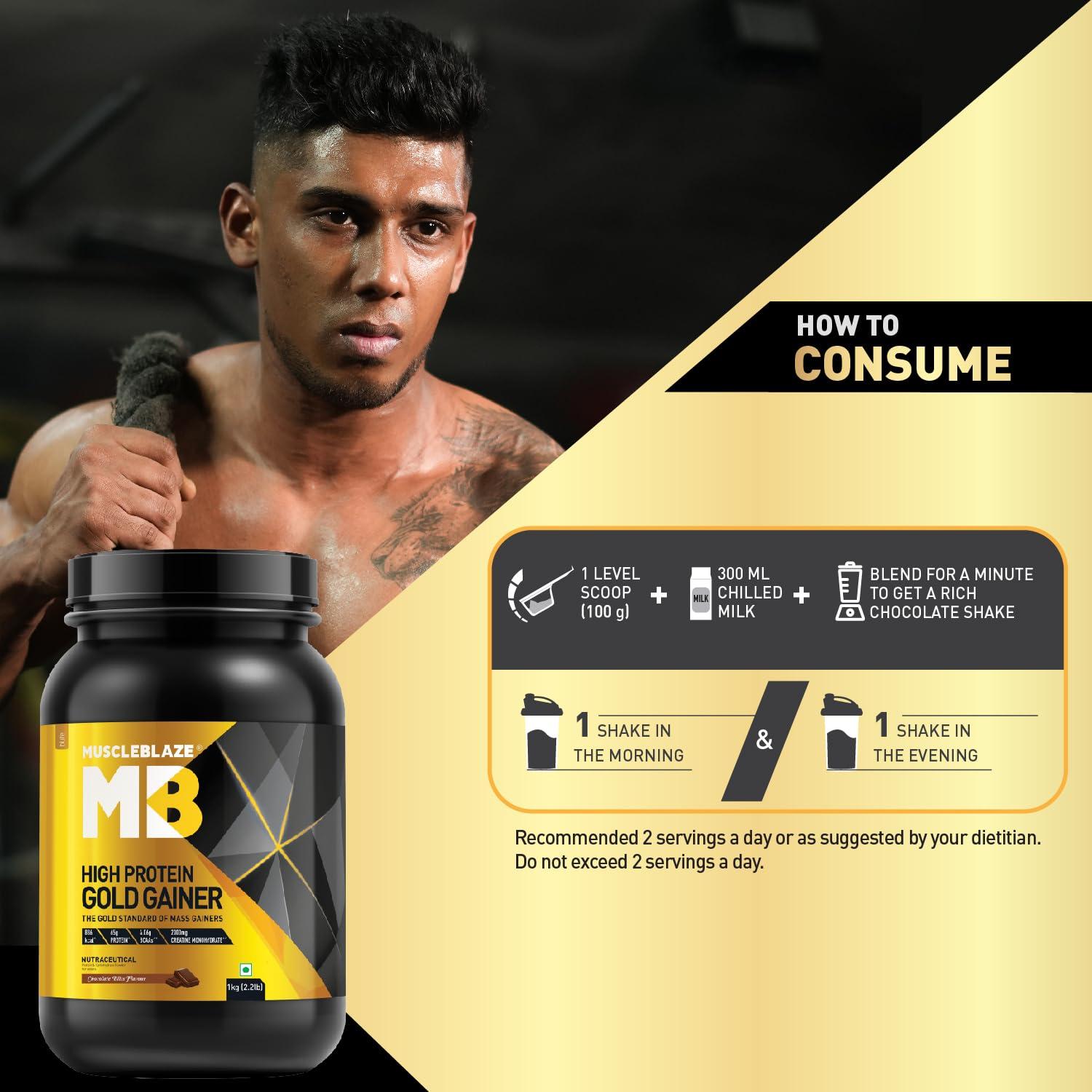 MuscleBlaze MuscleBlaze High Protein Gold Gainer (Chocolate Bliss, 1 Kg / 2.2 Lb), Powder,Pack of 1