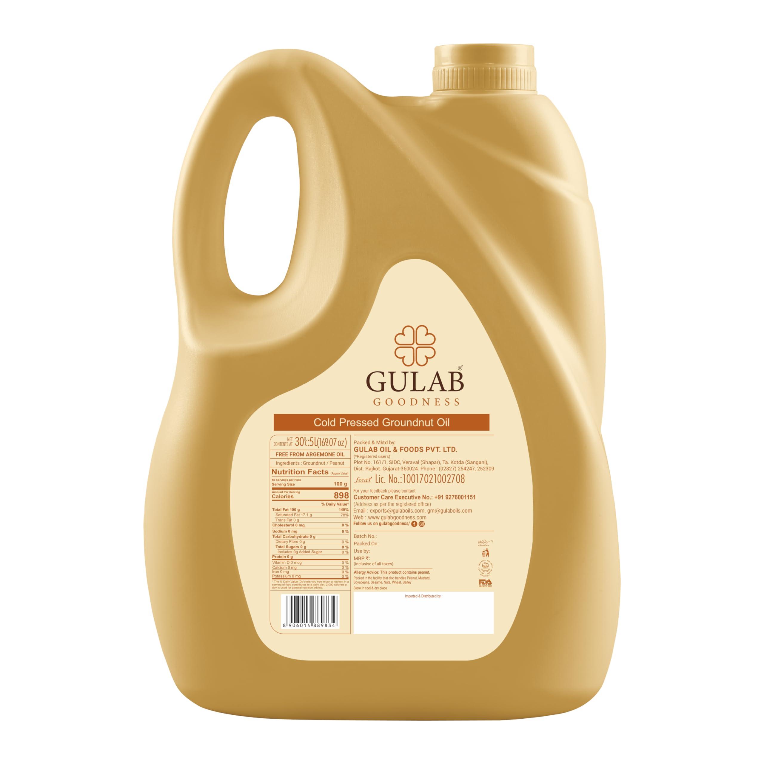 GULAB Gulab Cold Pressed Groundnut Oil - 5 Litre | Peanut Oil | Sing Tel | Kolhu/ Kachhi Ghani/ Chekku/ Wood Pressed | Natural Cooking Oil | Chemical Free