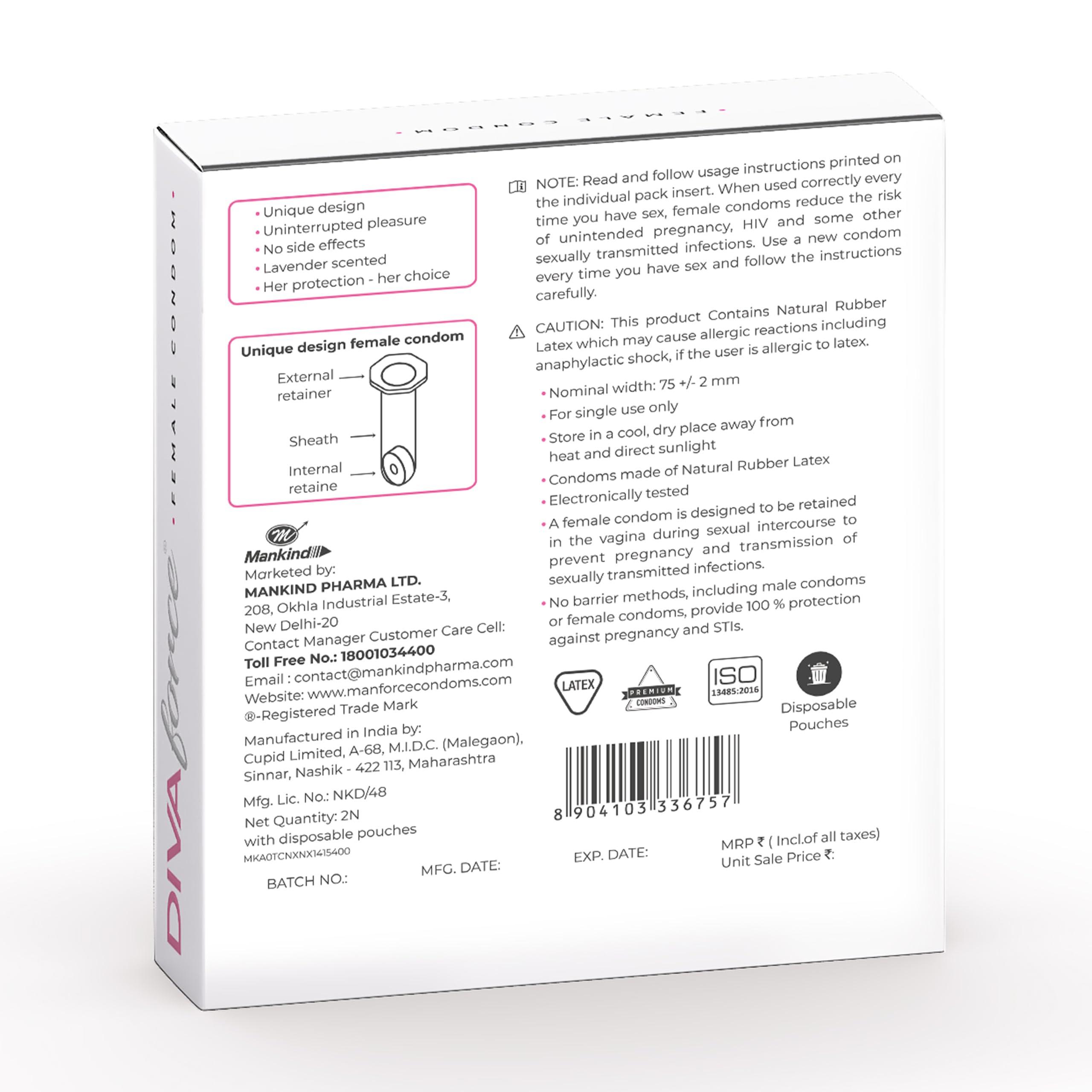 Manforce Divaforce Female Condoms - 2 Count | For Uninterrupted Pleasure| From Manforce - Indias No. 1* Condom Brand for Safe Sex