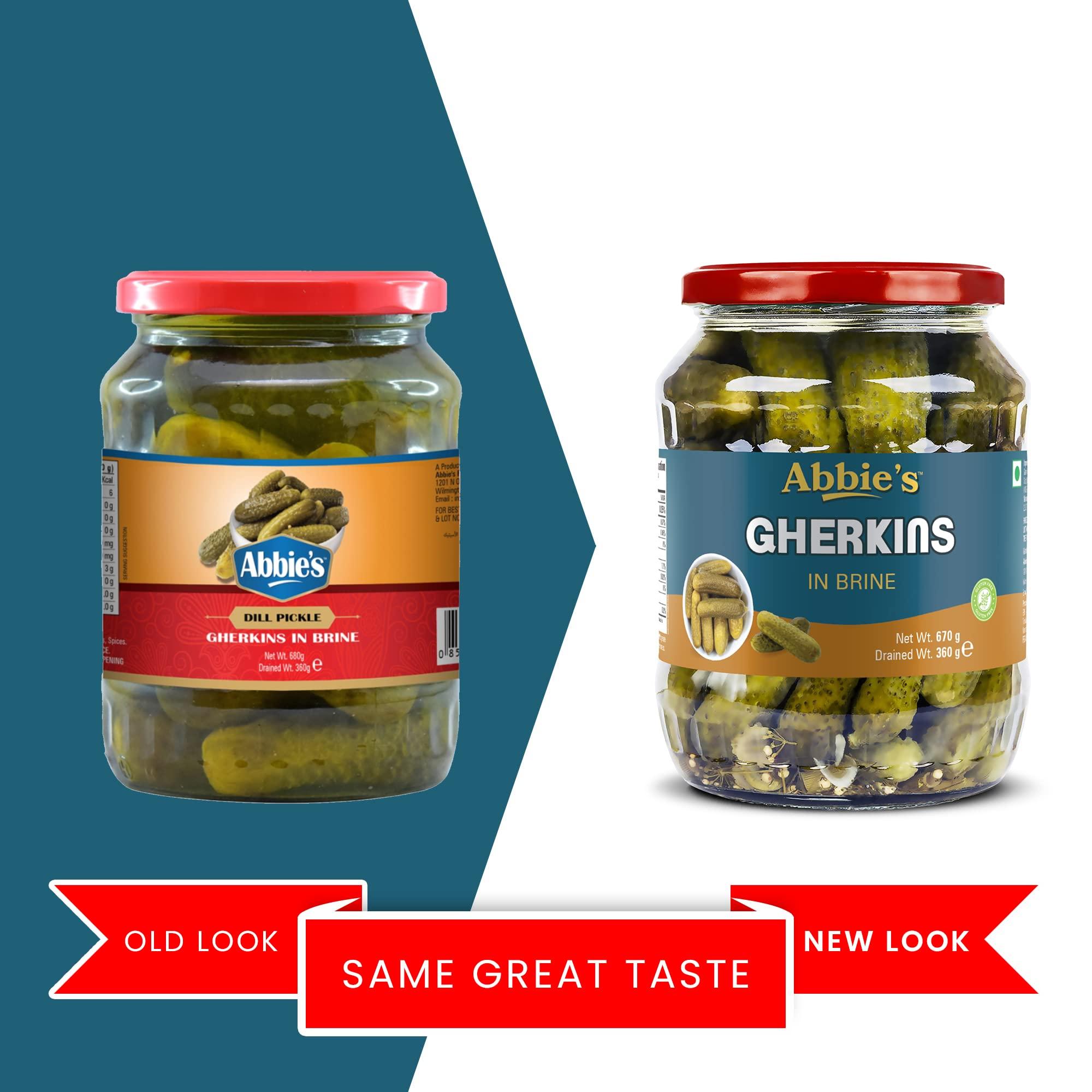 Abbie's Abbie's Gherkins Big in Brine, 680g, Pack of 2 Ready to Eat | Zero Fat Crunchy Pickle | Perfect Topping for Pizza, Pasta, Sandwich, Burger, Salad , Snacks and More |