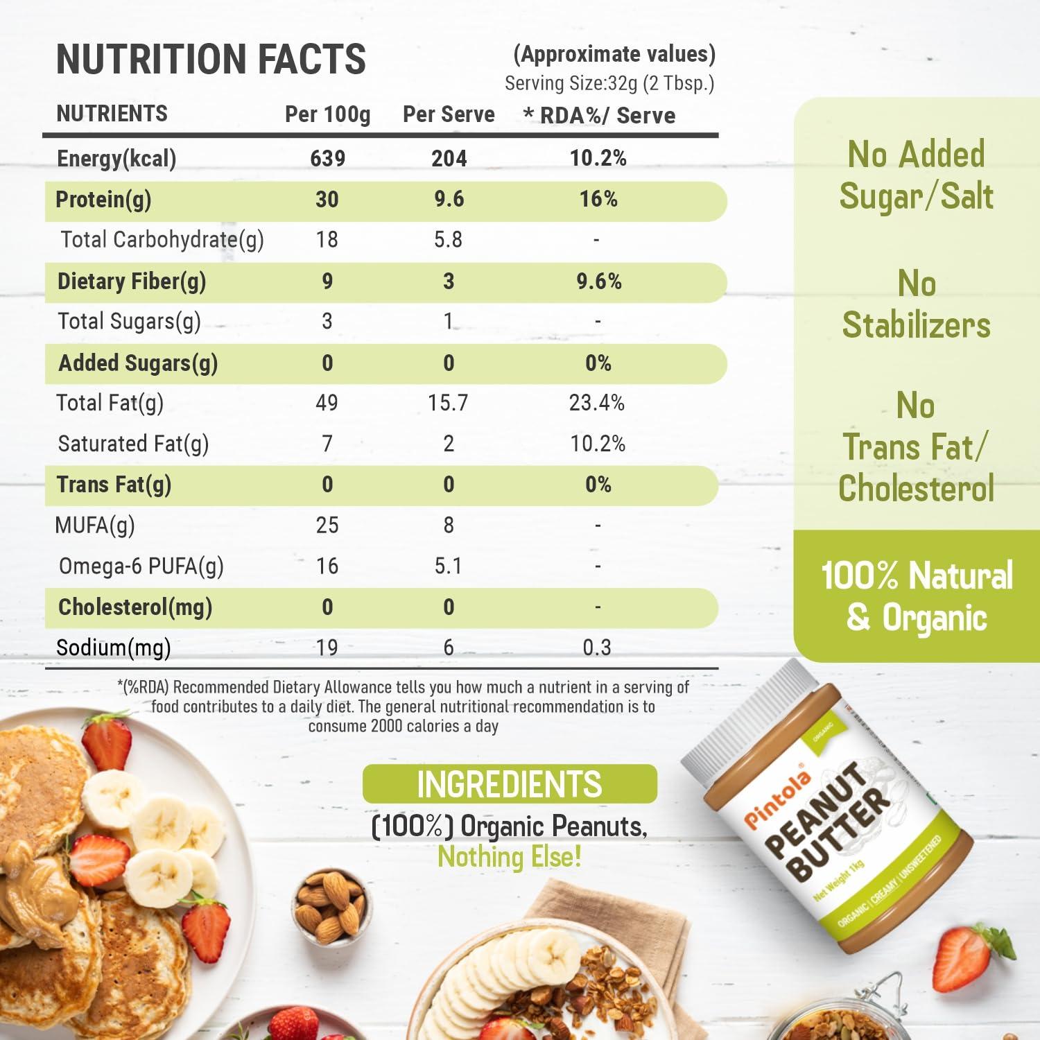 Pintola Pintola Organic Unsweetened Peanut Butter Creamy 1kg - High Protein 30g & 9g Dietary Fiber, Made with Organic Peanuts, No Added Sugar, No Preservatives