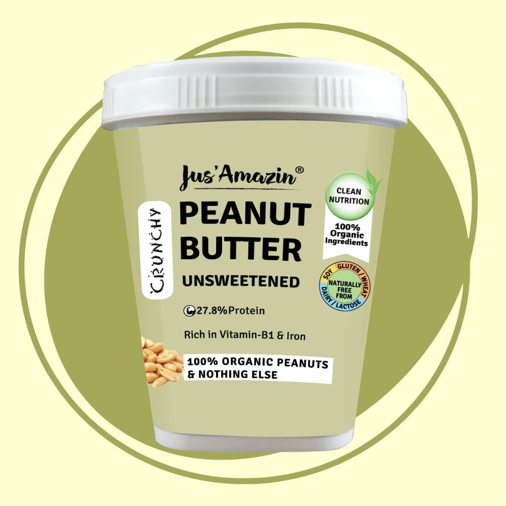 Jus' Amazin Jus\' Amazin Crunchy Peanut Butter - Unsweetened | 27.8% Protein | Single Ingredient - 100% Peanuts (no added Sugar/Salt) | Vegan | Dairy Free | Keto (Organic Peanut Butter Crunchy, 1 kg (Pack of 1))