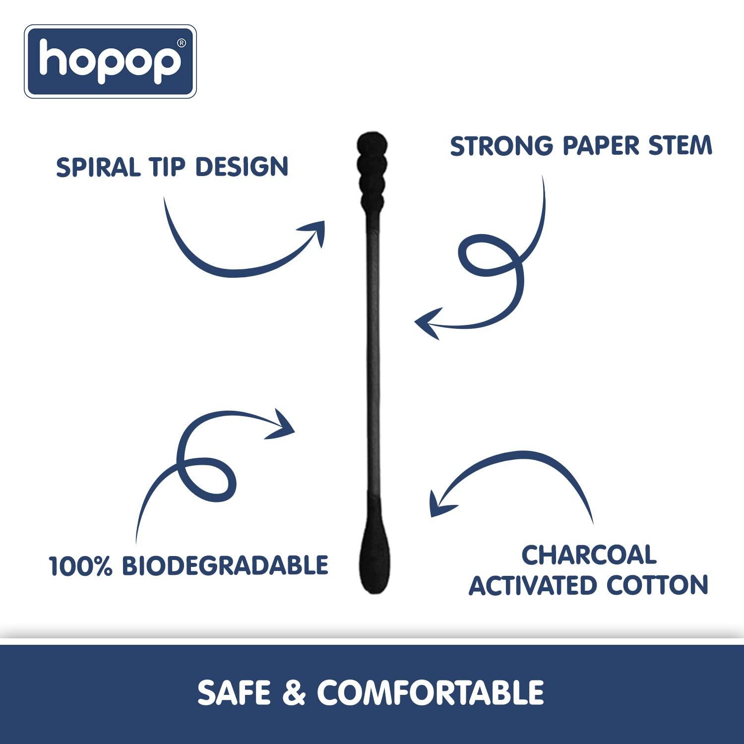 Hopop Hopop Cotton Buds | Baby Spiral Tip Paper Stem Charcoal Ear Cleaner Buds | BPA Free Cotton Swabs | 2 Pack | 100 Sticks/Pack | Black Charcoal