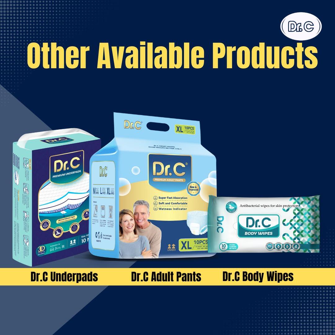 DR. C Dr.C Overnight Adult Diaper (Tape Style) High Absorption, 16 hrs Protection, Odour Free, Leak Proof, and breathable back sheet. Size - Medium (76-114 cms,30-45 Inch) Pack of 1 (10 counts)