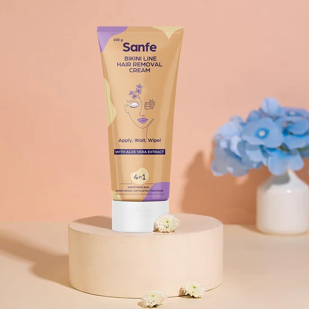 Sanfe Sanfe Bikini Line Hair Removal Cream WIth Aloe Vera Extract Perfect for Legs, Underarms, Bikini Line, Arms | 3x Longer Lasting Smoothness than Razors | With No Bad Smell - 100 Gram (Pack Of 2)