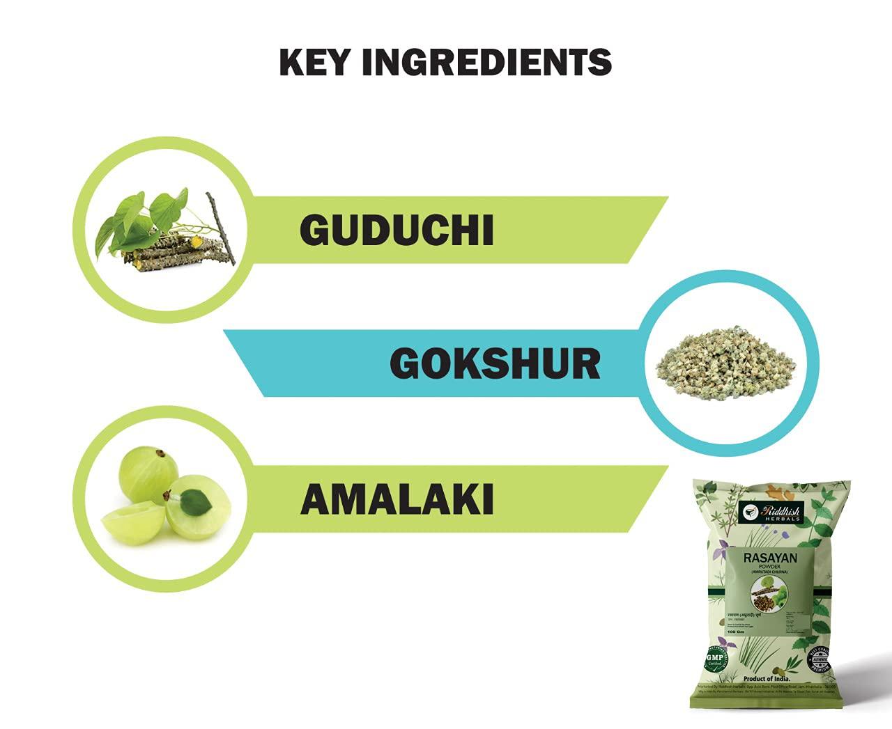 Riddhish HERBALS Riddhish Herbals Organic Rasayan Churna (Amrutadi Churna) - COMBINATION OF Guduchi (Giloy) Gokshura Amla Ayurvedic Powder For Digestion, Immunity Booster - 100gm Each (Pack of 4)