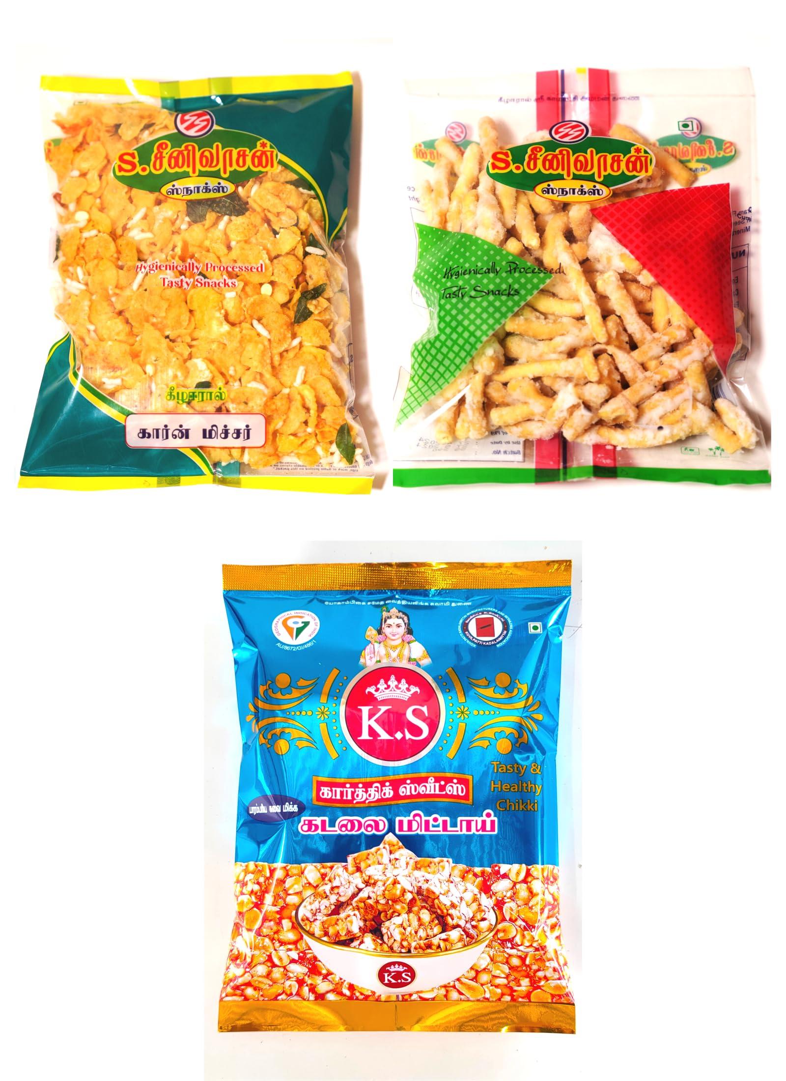 S. SEENIVASAN MITTAI KADAI S SEENIVASAN Corn Mixture 250g | Sweet Sevu 250g | Kovilpatti Kadalai Mittai 250g - Pack of 3 (750g)