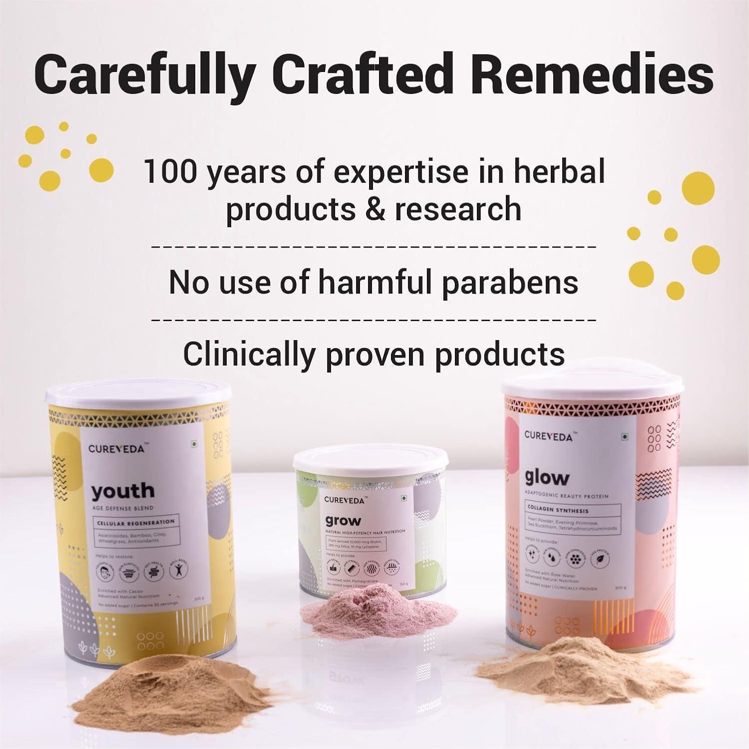 Cureveda Cureveda Collagen Builder Glow Powder for Brighter & Youthful Skin, Plant-Based Supplement with Rose Water, Veg Beauty Protein, Evening Primrose 100IU, No Added Sugar, 300gm x 2 (600 gm)