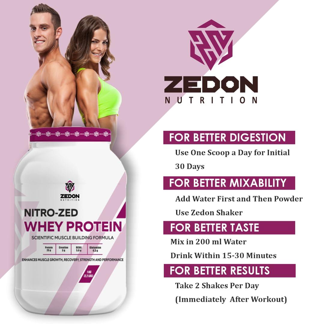 Zedon Nutrition Zedon Nutrition Nitro-Zed Whey Protein Powder, Whey Isolate & Concentrate 25g Protein, 5.8g BCAA | Muscle Gain, Strength, Recovery for Men & Women | Veg (Chocolate, 1 KG)