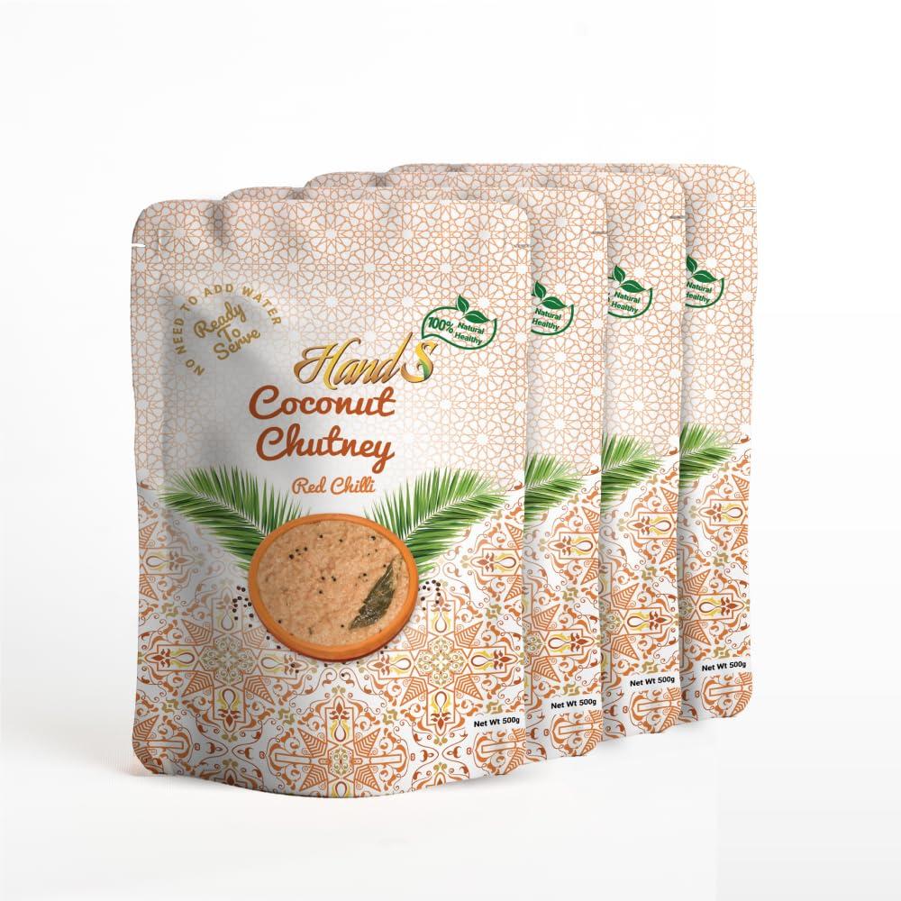 Hands HandS Red Chilli Coconut Chutney | 500 gms X Pack of 4 | Lal Mirchi / Mildly Spicy | No added Preservatives or Chemicals | No need to add Water | Vegan and Keto Friendly | best Dip for South and North Indian Dishes