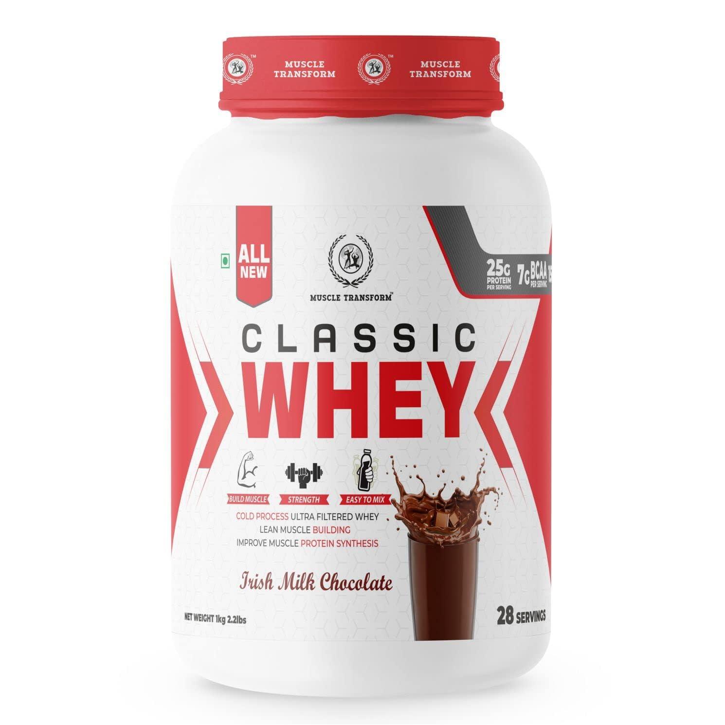MUSCLE TRANSFORM MUSCLE TRANSFORM CLASSIC WHEY PROTEIN WITH 25GMS OF PROTEIN PER SERVING | MUSCLE GAIN | STRENGTH | MUSCLE RECOVERY (IRISH CHOCOLATE, 1KG)