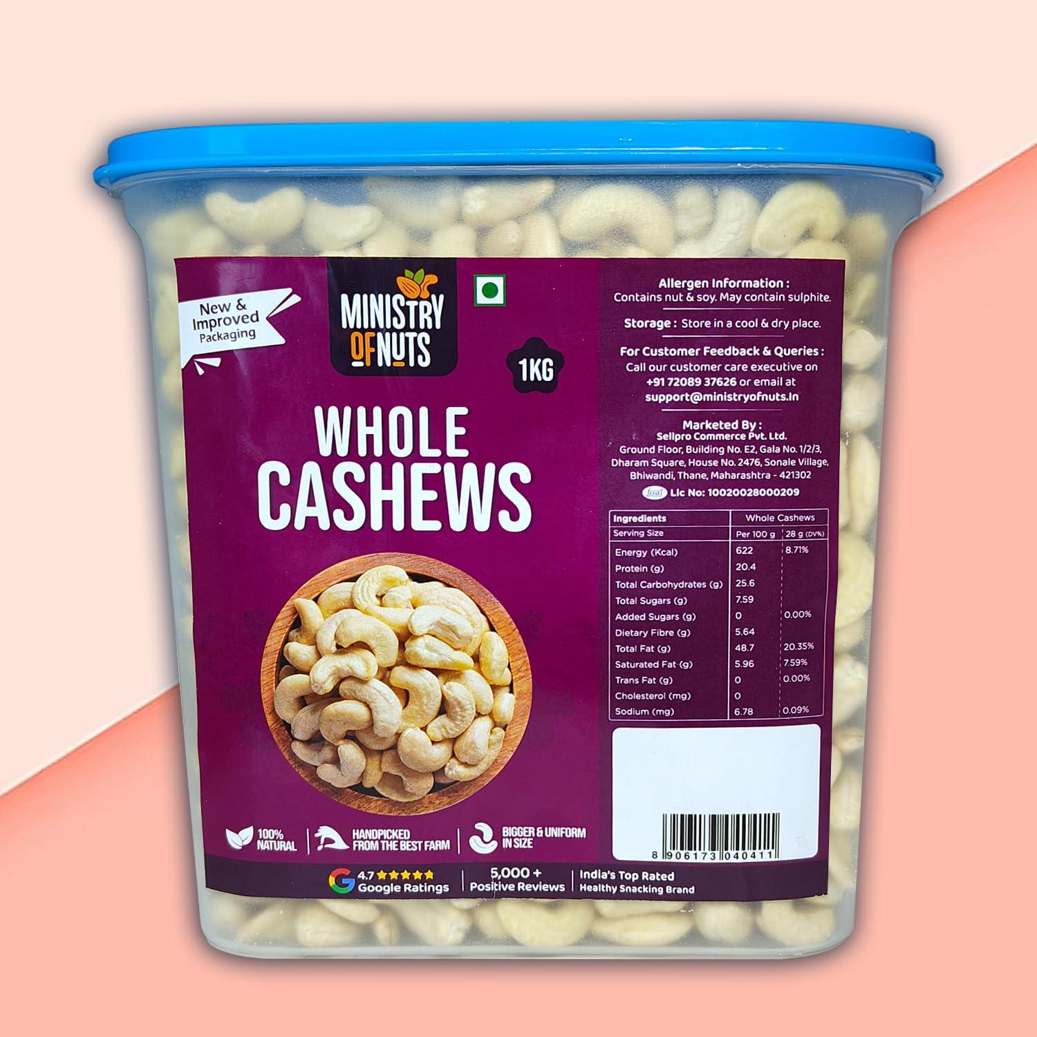 MINISTRY OF NUTS Ministry Of Nuts Whole Natural Cashew Nuts W320, 1kg | 100% Natural Premium Kaju | Nutritious, Delicious & Crunchy Kaju | Rich in Magnesium, Copper & Phosphorus | Cashew 1kg (Cashew 1kg)