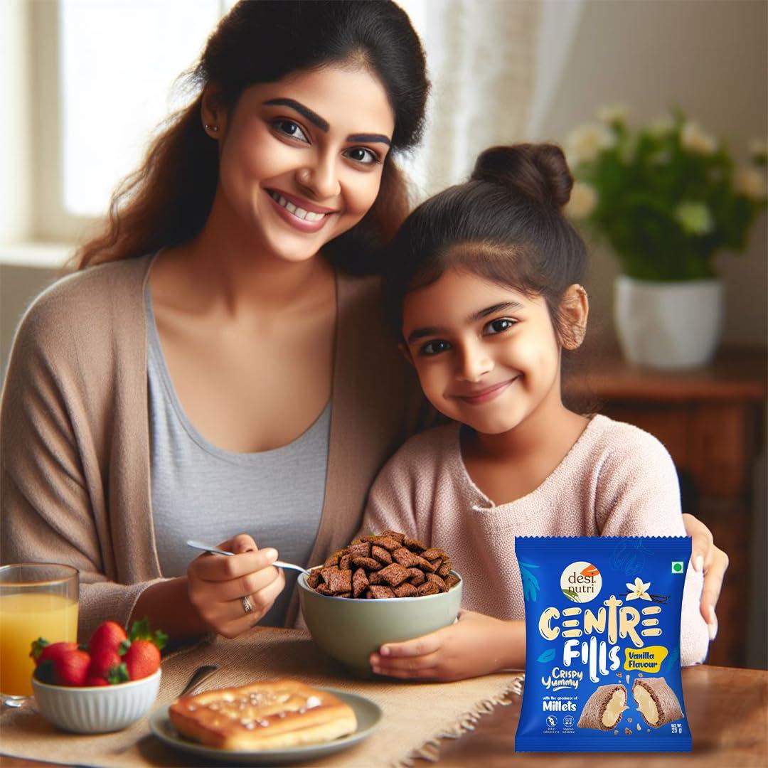 Desi Nutri Desi Nutri Centre Fills Millet Chocos Combo pack 25GX4(100G) | With the goodness of Millets | (2N X Chocolate Fills, Vanilla Fills & Strawberry Fills) | Pack of 4 | Free toy inside