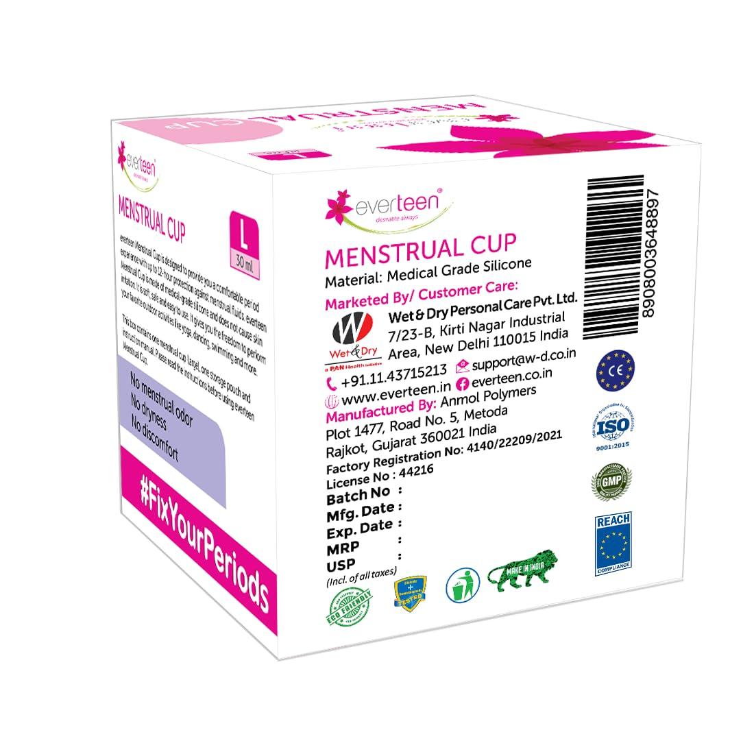 Everteen everteen Menstrual Cup for Women- 1pc (Large, 30ml) with storage pouch- 12 hours Leak-Proof Protection. Have period with no smell, no discomfort.Pink