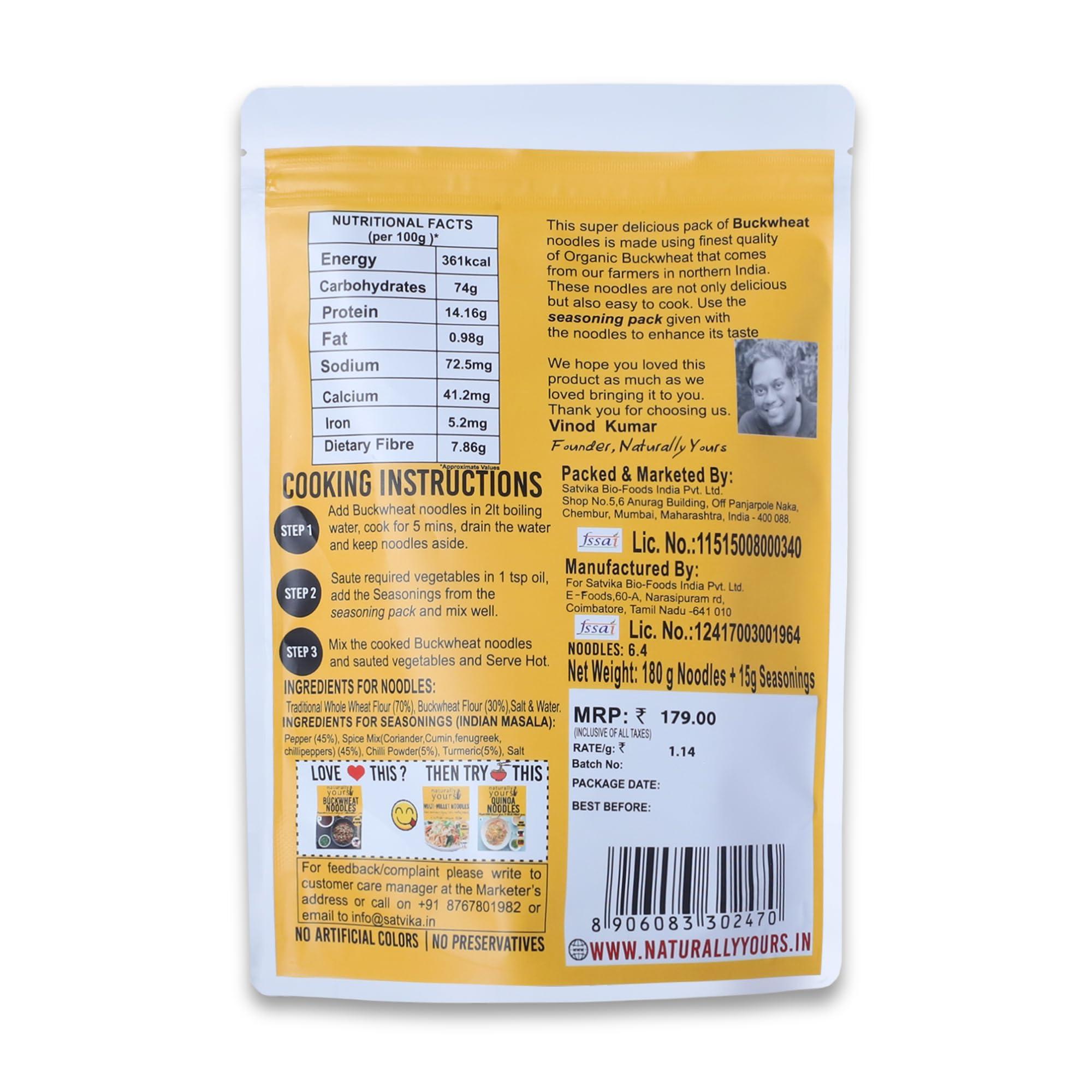 naturally yours Naturally Yours Healthy Buckwheat Soba Noodles, Made with 30% Buckwheat Flour & 70% Whole Wheat, Taste Maker Included, No Maida, Not Fried, 100% Natural, No Artificial Preservatives or MSG, 180g Each, Net Weight 360g (Pack of 2)