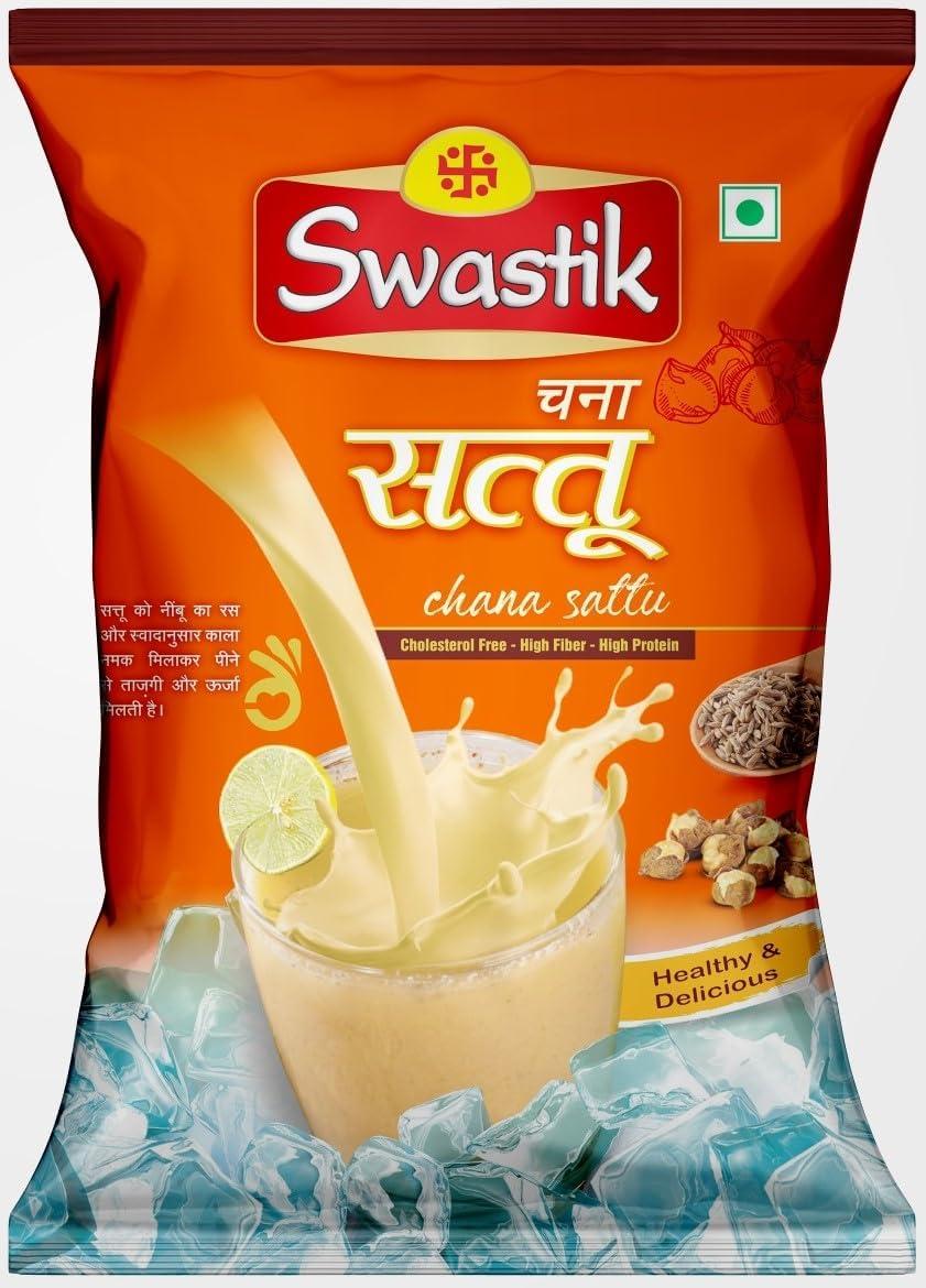 SWASTIK Swastik Sattu Powder | Natural Roasted Black Chana Flour | 100% Natural & Pure Chana Sattu | Chana Sattu Atta with High Fibre | Natural Protein | Chana Sattu Drink Powder 900 Gms (2 Packs of 450 gms)