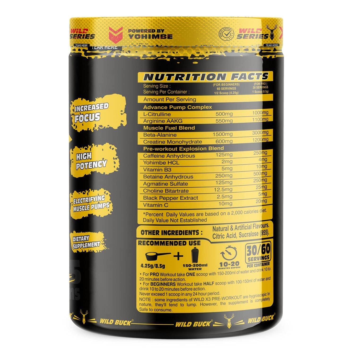WILD BUCK WILD BUCK Wild Pre-X3 Hardcore Pre-Workout Supplement Powder, Energy Drink Monohydrate, Men,Women [30-60 Servings, Virgin Mojito, 255G] + Reduce Fatigue, [50 Servings, Pink Lemonade]