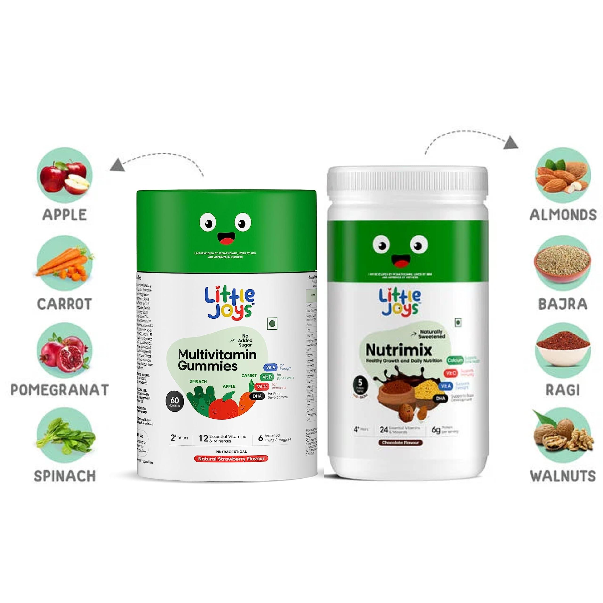 Little Joys Little Joys Nutrimix Powder (400g) & Multivitamin Gummies (60N) for 2-6 Year Kids | Immunity Booster Pack with Ragi, Bajra, Almonds & Multivitamins | Improves Immunity, Bone Density & Strength