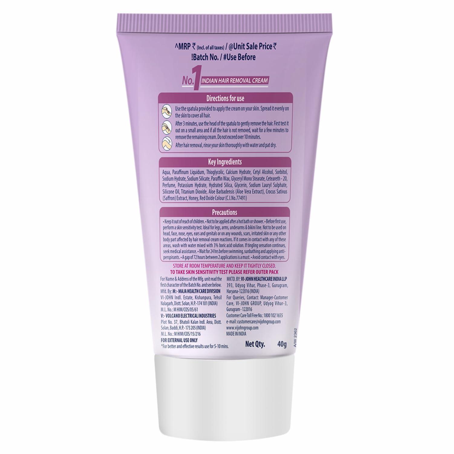 VI - JOHN VI-JOHN Feather Touch Saffron & Honey Hair Removal Cream, for Dry Skin, Suitable for Legs, Underarms, Bikini Line, Arms - 40g Pack of 4