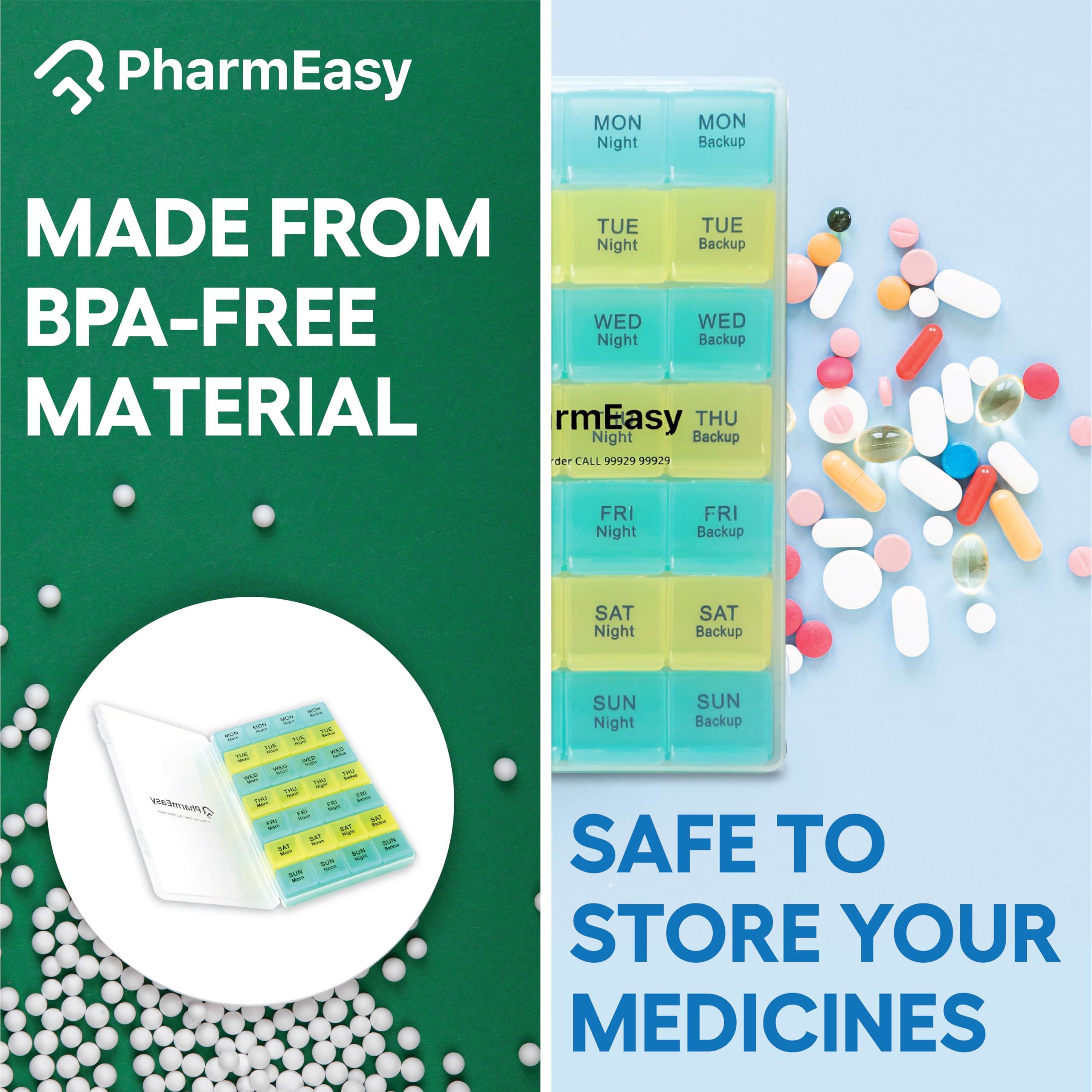 LivEasy PharmEasy 7 Day Weekly Pill Box, Durable Medicine Organizer Box with Extra Large Multicoloured Compartments and BPA Free Material for Moisture Free Storage - Portable Tablet organiser Box