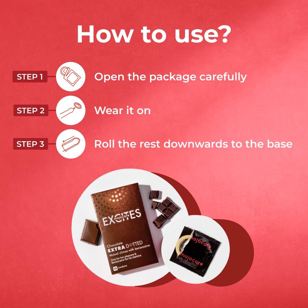 Mojocare Mojocare Excites Extra Dotted Chocolate Condoms for Men - 10 Sheets | Enhanced Stimulation | Improve Endurance | Extra Lubrication | Chocolate Flavor | 598 Dots