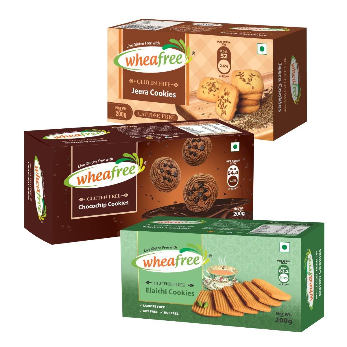 wheafree Wheafree Gluten Free Cookies Combo Chocochip Cookies + Jeera Cookies + Elaichi Cookies (Pack of 3) | 600g | Best Tea Time Snacks | Nutritious | 100% Vegetarian