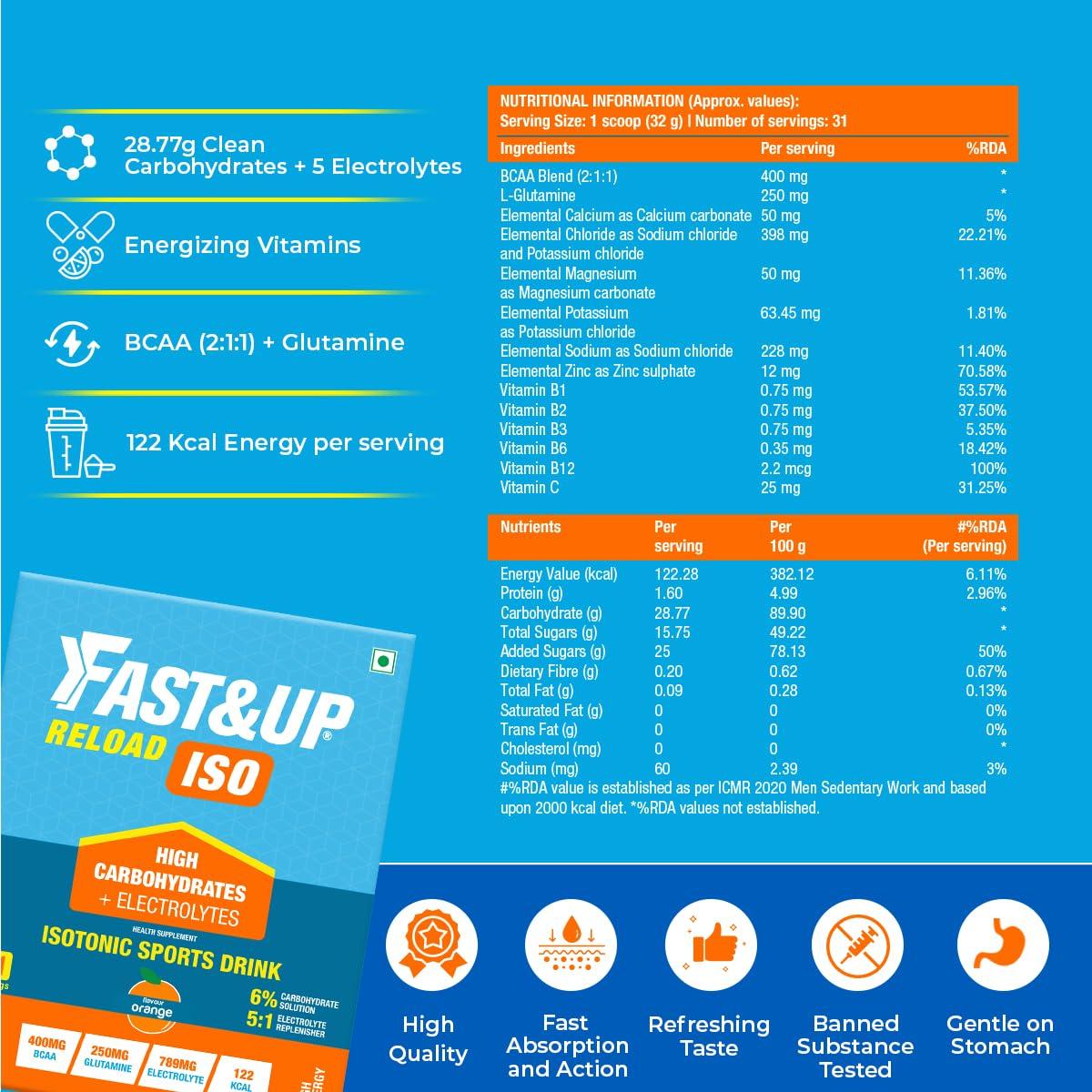 FAST&UP Fast&Up Reload Isotonic Energy Drink | Carbs + Electrolytes + Aminos | Restore, Replenish and Recover | 31 servings (Orange)