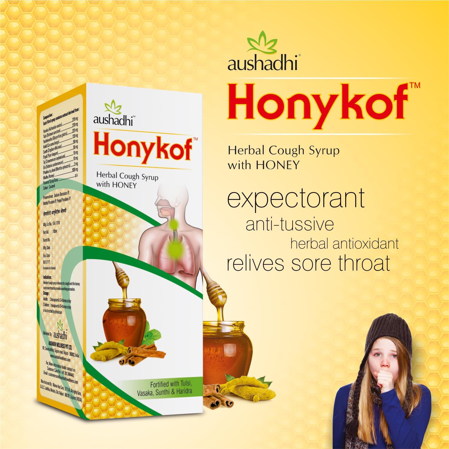 Aushadhi Honykof Herbal Cough Syrup | Ayurvedic Honey & Mint Formula for Dry Cough, Sore Throat, and Congestion Relief | Natural, Side Effect-Free | Pack of 3 (200ml Each) | For All Ages