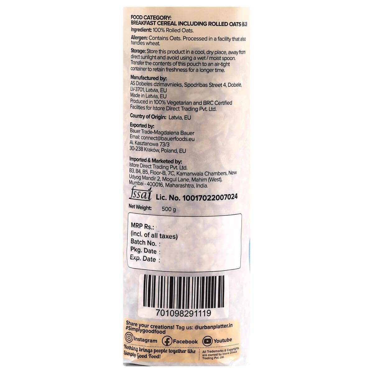 urban platter Urban Platter Rolled Oats, 500g (Whole-Grain Oats | High in Fiber and Protein | Breakfast Cereal I Instant Oats)