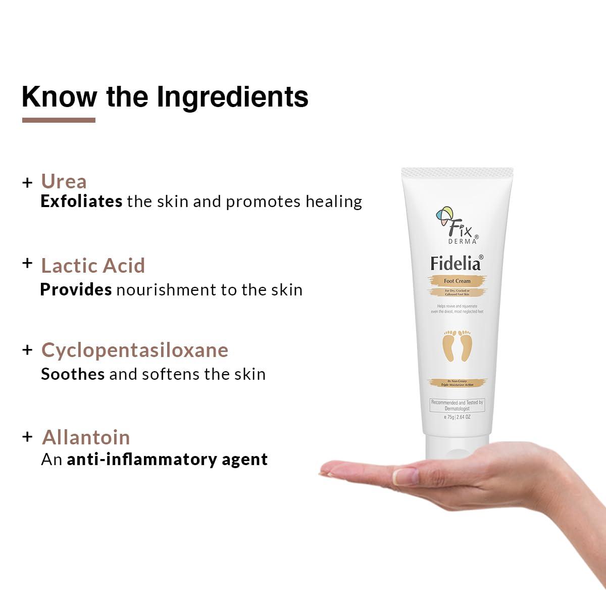 FIXDERMA Fixderma 5% Lactic Acid, 15% Urea, 3% Glycerine Fidelia Foot Cream For Dry & Cracked Feet, Moisturizes and Soothes Feet, Heel Repair Paraben & Sulphate Free, All Skin Types 75gm
