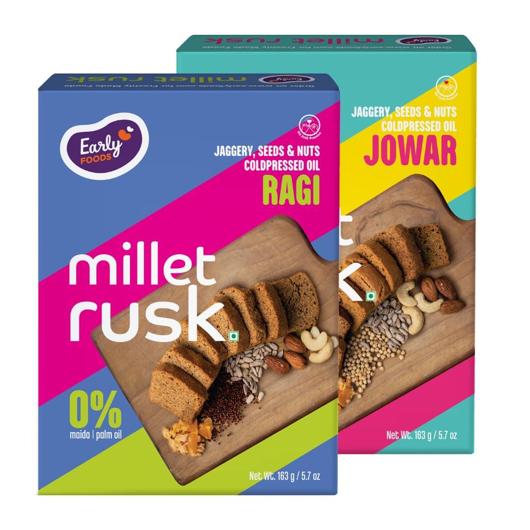 Early Foods Early Foods Assorted Pack of 2: ZERO MAIDA Ragi Rusk & Jowar Rusk | Sugar Free Millet Rusk with Jaggery | No Maida Rusk with Whole Wheat Rusk | Kids Snack | Tea Toast | Millet & Atta Rusk 230g x 2