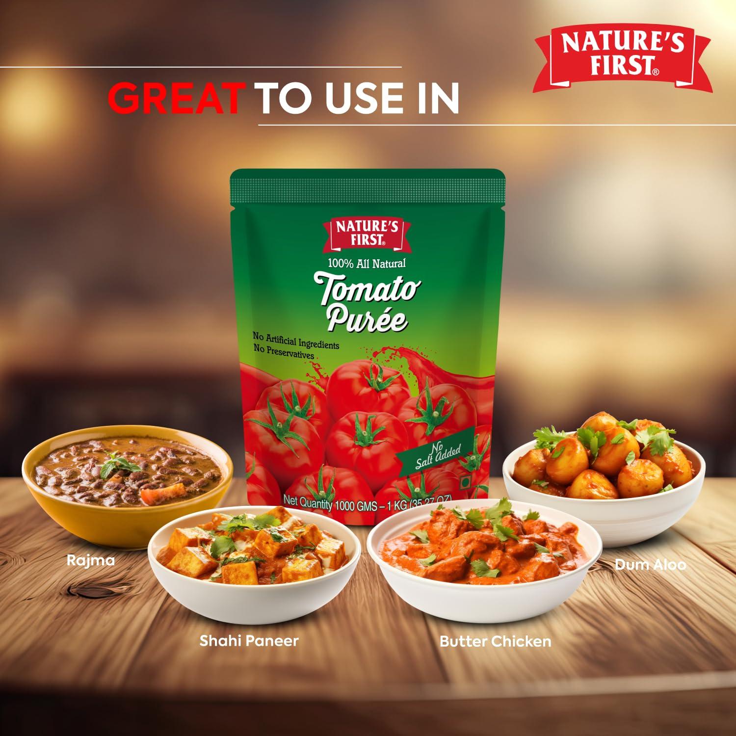 NATURE'S FIRST Nature\'s First Tomato Puree 1 Kg (Pack of 4), Fresh, Thick & Natural Tomato Paste for Cooking, Add Rich Flavour in Dishes, No Added Salt, No Preservatives, Sweet and Pure, Vegetarian
