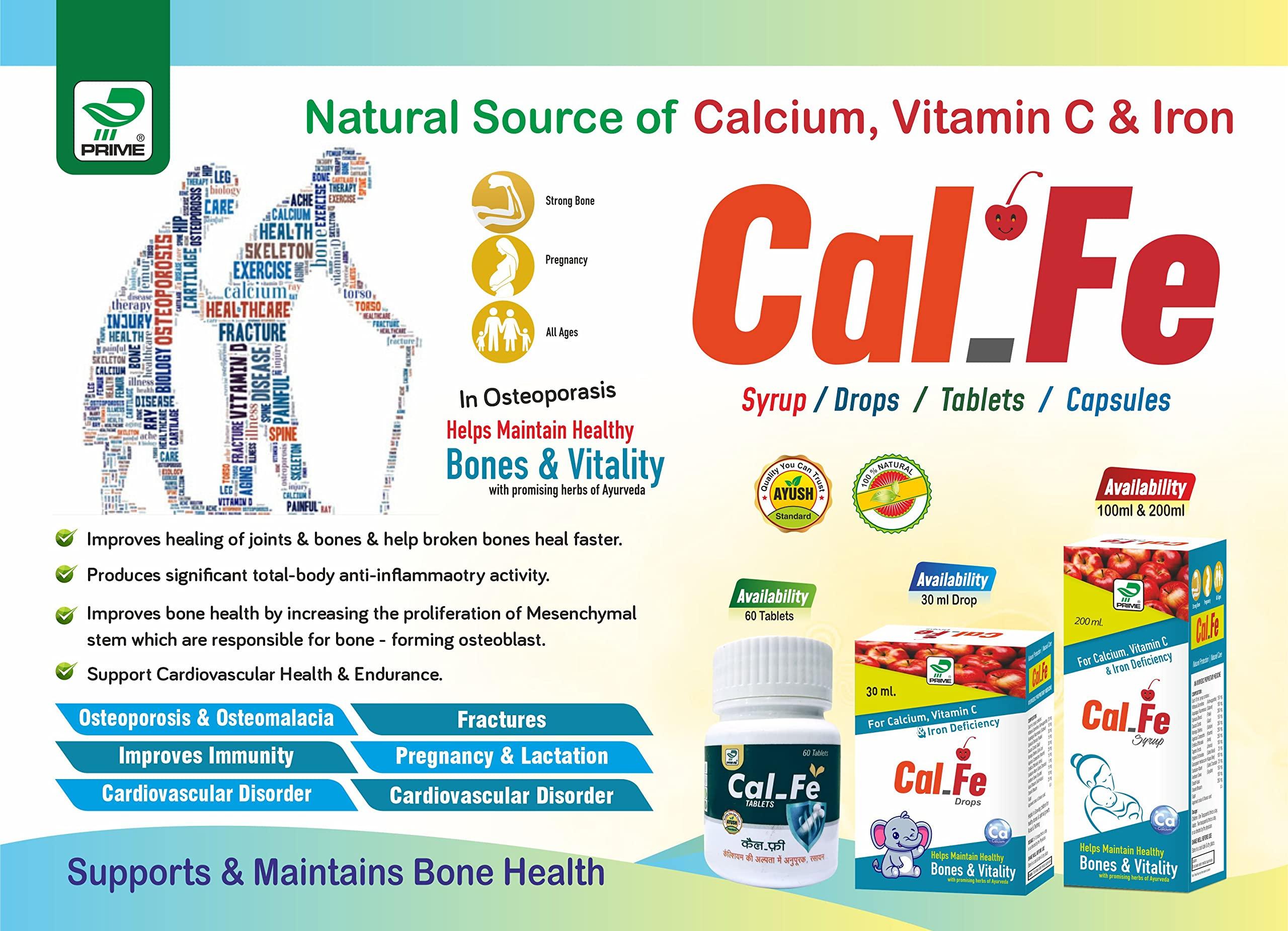 Prime Prime Cal-Fe Syrup is a natural source of Calcium, Vitamin C & Iron. Maintain bone health in Osteoporosis. Rapidly increases Mesenchymal stems which are responsible for bone forming Osteoblast. (2)
