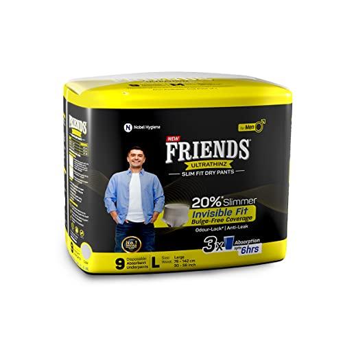 Friends Friends UltraThinz Slim Fit Adult Diapers (Dry Pants) for Men - Large – 9 Count - with thin design, grey colour, and anti-rash - Waist Size 25-48 Inch ;6 3.5-122 cm