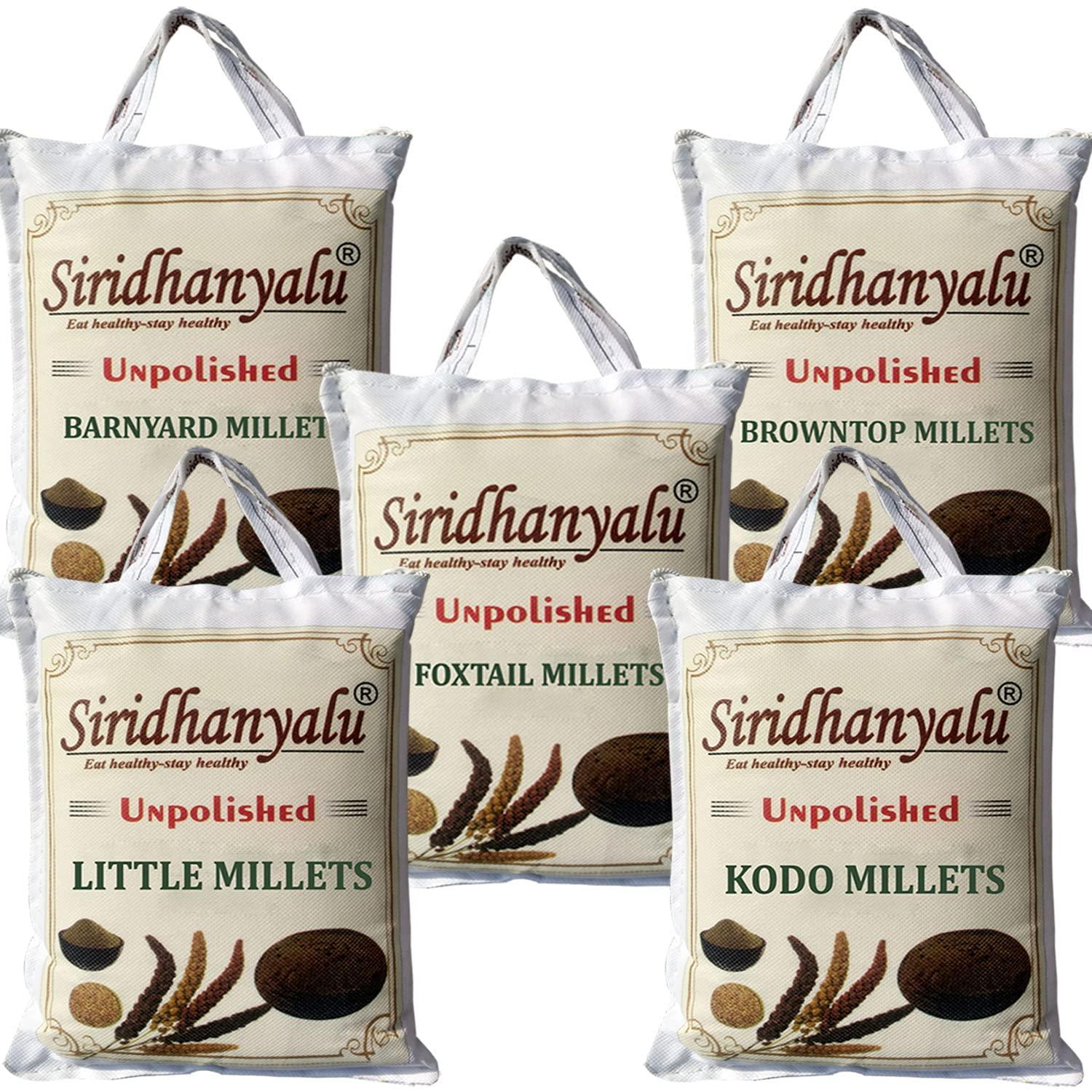 SIRIDHANYALU siridhanyalu Unpolished Millet Siridhanya 5 Types of Organic Millets Rice Little Kodo Browntop Barnyard & Foxtail -Punjabi (Gwt. 3500Gm)