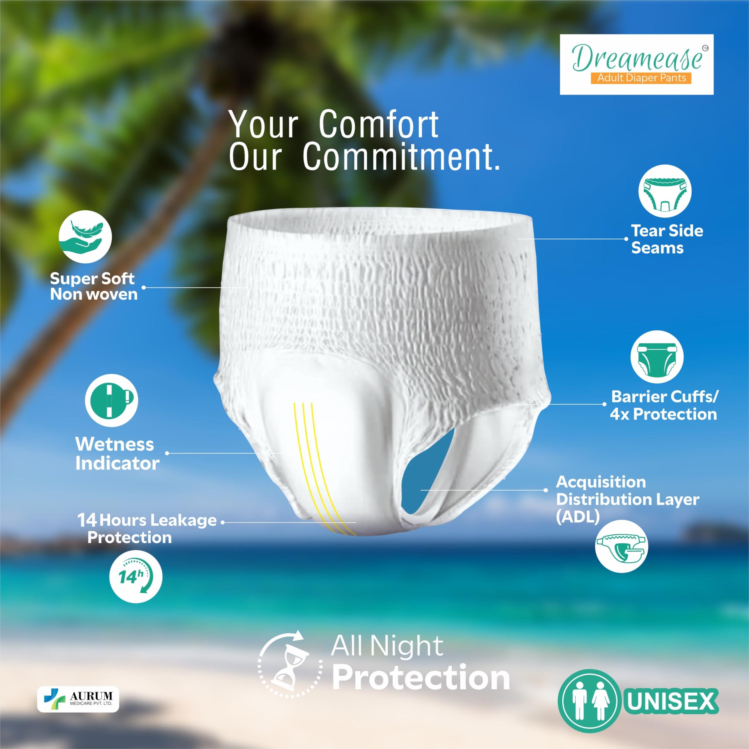 Dreamease Dreamease Adult Diapers Pants Style | Medium Size (M) Waist (61-115 Cm | 24-45) | 6X Super Absorbency Upto 14 Hrs | Unisex with Wetness Indicator | 10 Units. (XL)
