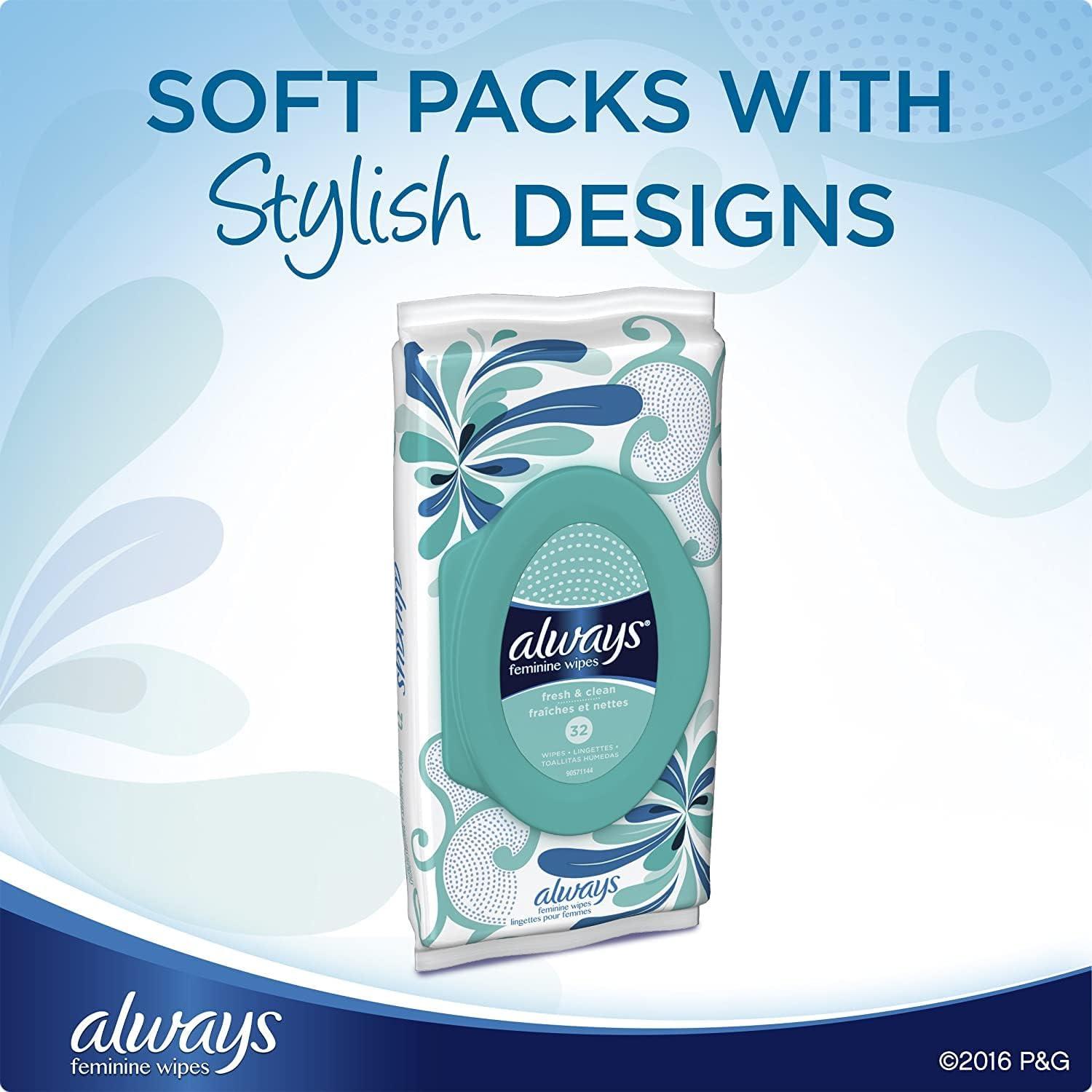 Always Always Feminine Wipes, Fresh & Clean, 32 Wipes (Pack of 2)