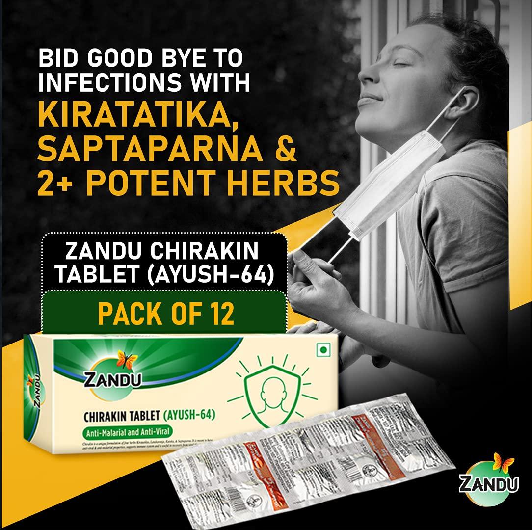 Zandu Zandu Chirakin Tablets (Ayush 64), Protection from Infections and Antiviral Properties, Helps in Managing & Building Overall Immunity, Health & Wellness - (Pack of 10 Tablets x 12 Strips)